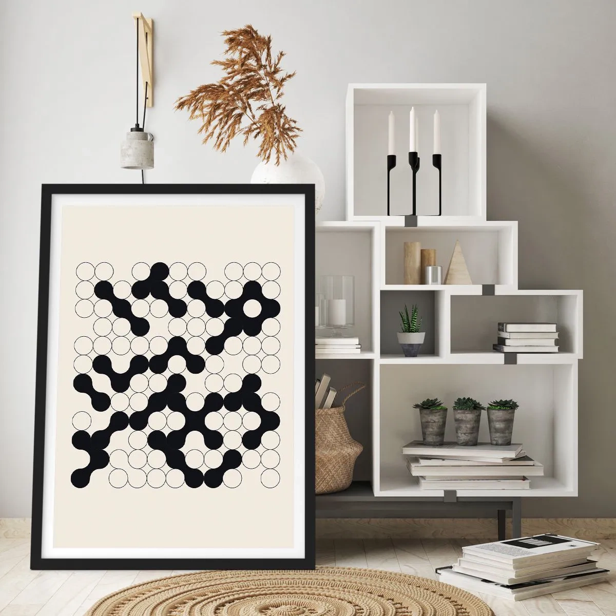Affisch i svart ram - Geometrisk komposition av svarta och vita cirklar - 50x70cm - Kinesiskt spel - variation - Modern väggdekoration för vardagsrum och sovrum ARTTOR