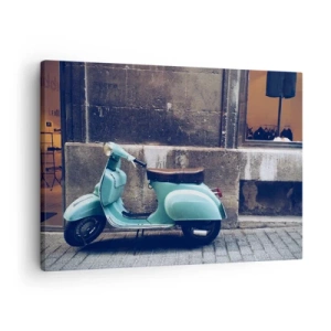 Canvastavla - Bild på duk - En retro scooter parkerad mot en stenmur - 70x50cm - Oförglömliga stämningar - Modern väggdekoration för vardagsrum och sovrum ARTTOR