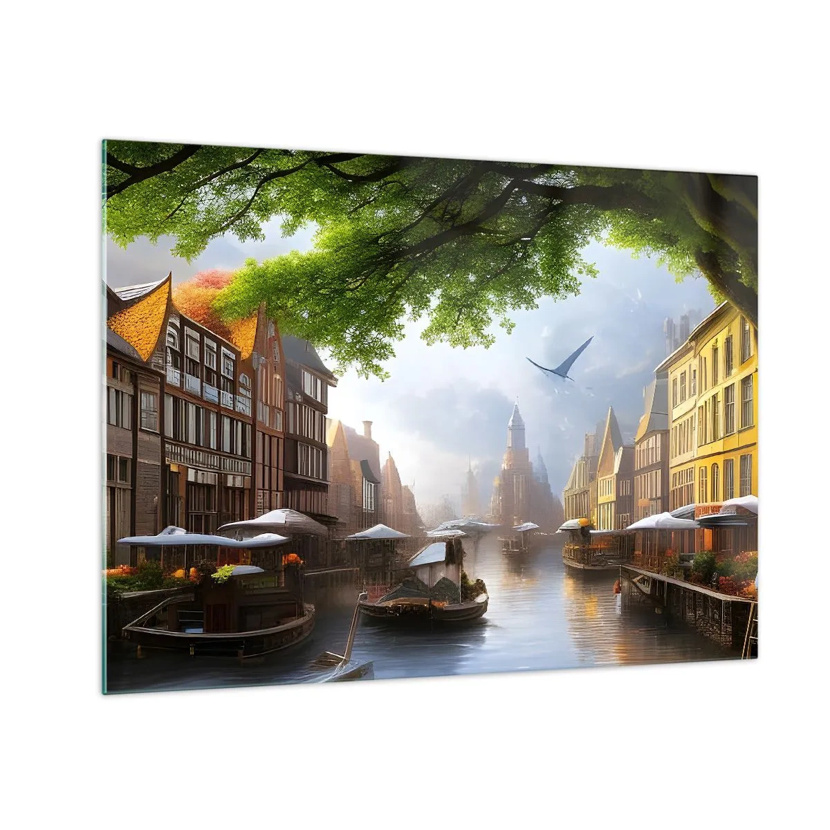 Glastavla - Bild på glas - En stämningsfull utsikt över en holländsk kanal med båtar och byggnader - 70x50cm - Holländsk stadsbild - Modern väggdekoration för vardagsrum och sovrum ARTTOR