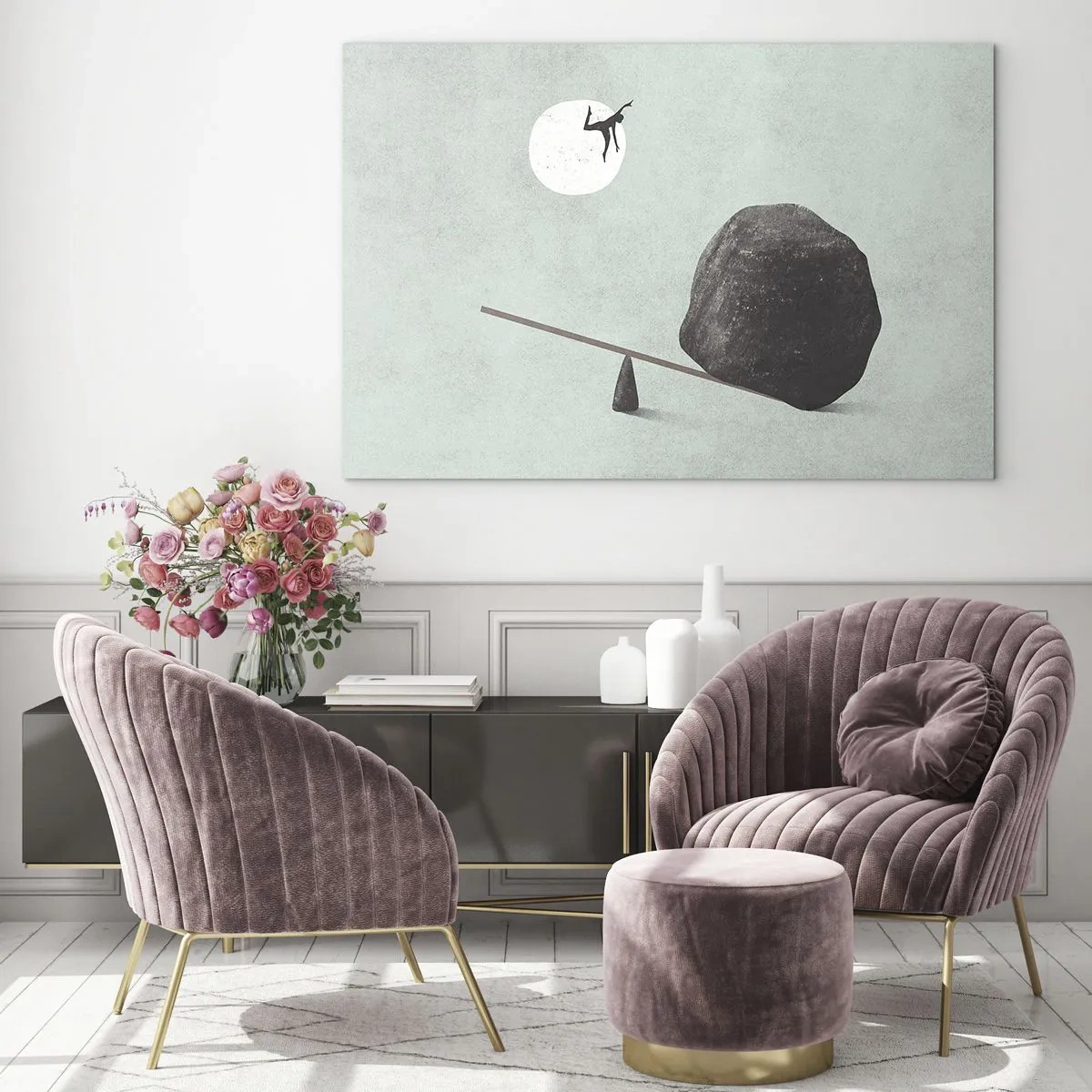 Glastavla - Bild på glas - En minimalistisk scen med en man som flyger mot månen. - 70x50cm - Uppfylld dröm - Modern väggdekoration för vardagsrum och sovrum ARTTOR