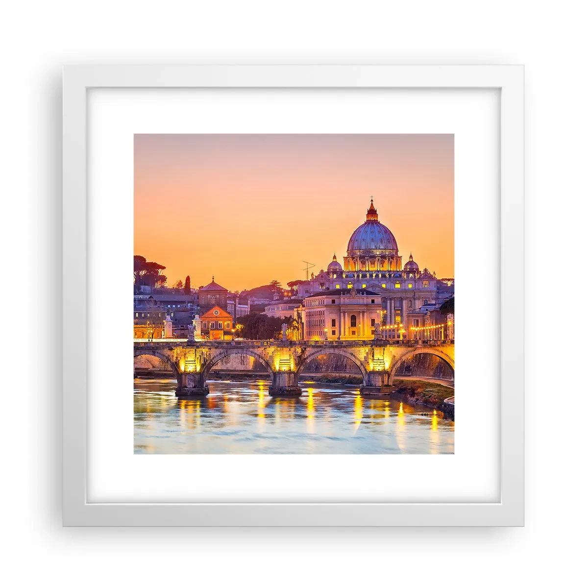 Affisch i vit ram - Solnedgången över Den eviga staden - 30x30 cm