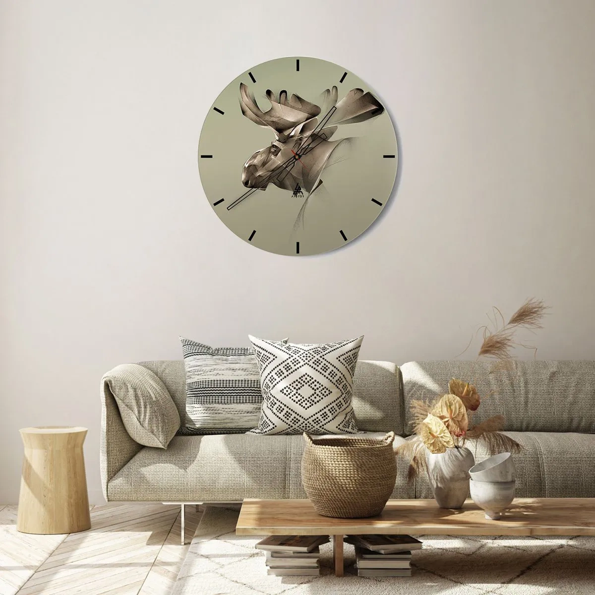 Väggklocka - Klocka på glas - En älg med ett geometriskt mönster på en grön bakgrund - 30x30cm - Lugnets kraft - Modern väggdekoration för vardagsrum, kök och sovrum ARTTOR