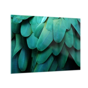 Glastavla - Bild på glas - En närbild av en papegojas intensivt gröna fjädrar. - 70x50cm - Precision av papegojans natur - Modern väggdekoration för vardagsrum och sovrum ARTTOR