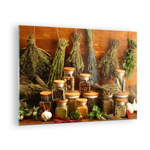 Glastavla - Bild på glas - Örter och kryddor i burkar på en träbakgrund - 70x50cm - Trolldom i köket - Modern väggdekoration för vardagsrum och sovrum ARTTOR