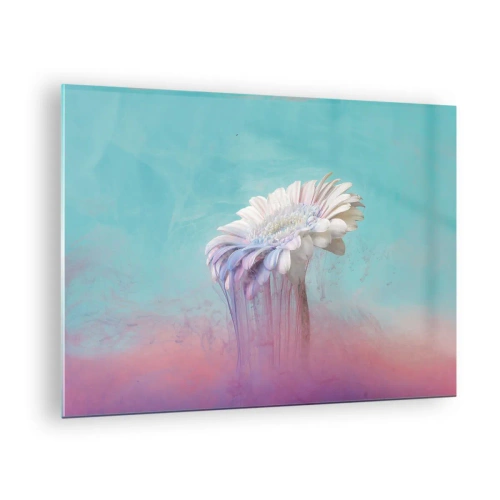 Glastavla - Bild på glas - En delikat blomma omgiven av pastellfärger av blått och rosa - 70x50cm - Blommornas undervärld - Modern väggdekoration för vardagsrum och sovrum ARTTOR