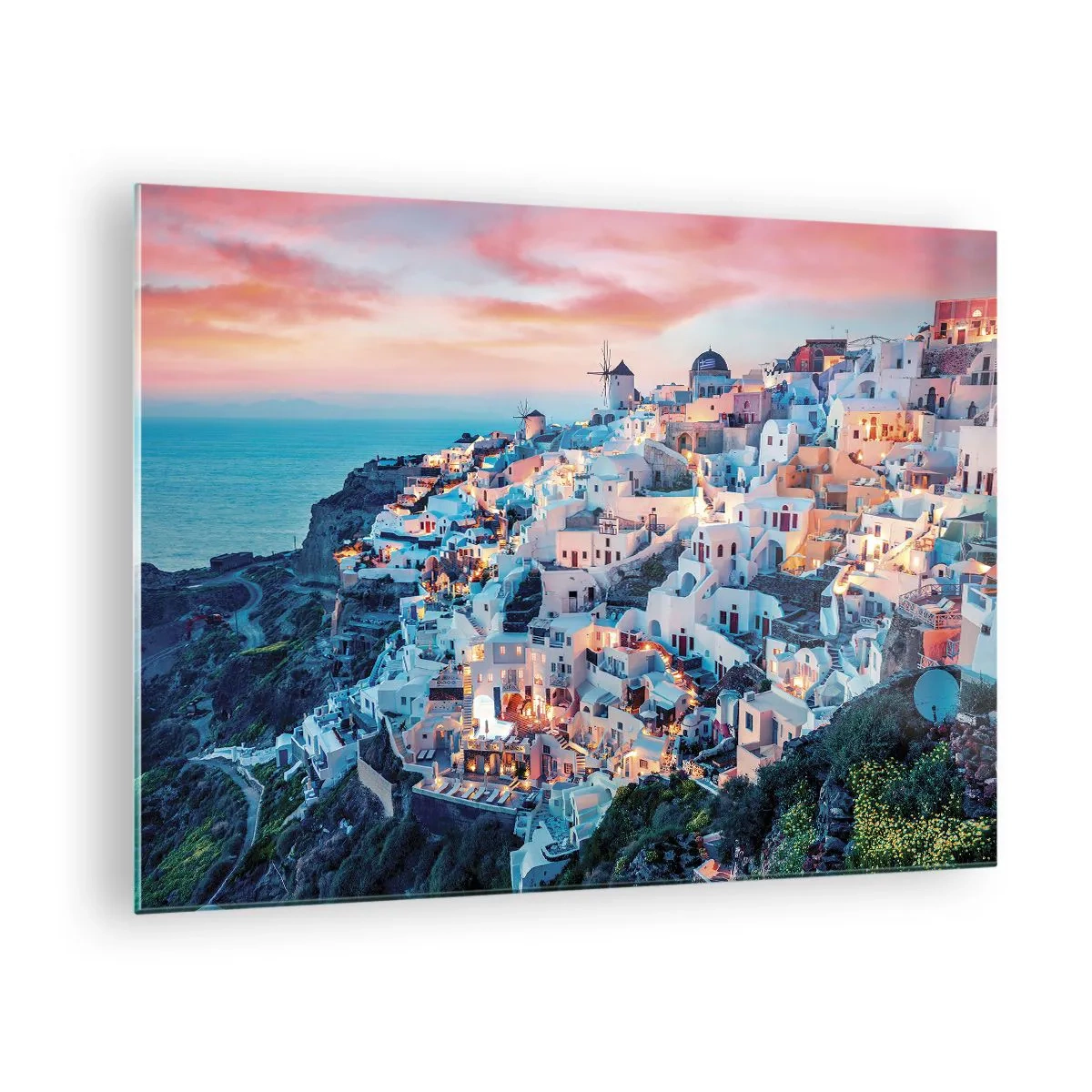 Glastavla - Bild på glas - Grekisk klippstad i skymningen med utsikt över havet - 70x50cm - Din stora grekiska semester - Modern väggdekoration för vardagsrum och sovrum ARTTOR