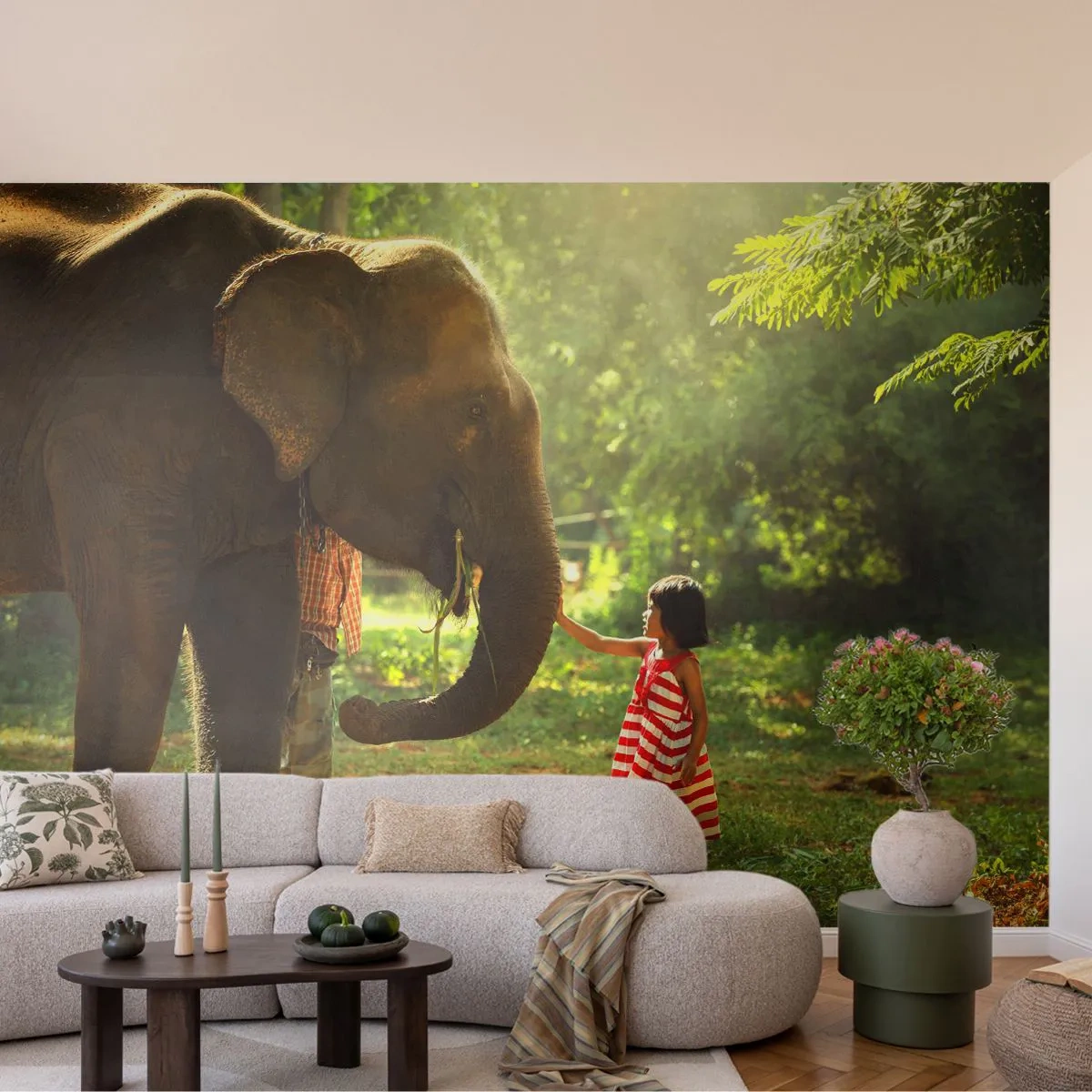 Självhäftande Fototapet Deluxe Sticker - Vänskapens styrka - Djur, Elefant, Flicka - 250x175 cm