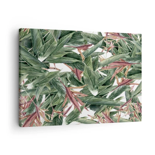 Canvastavla - Bild på duk - Ett dekorativt lövmotiv i nyanser av grönt och vinrött mot en ljus bakgrund - 70x50cm - Smaragd-lila växter - Modern väggdekoration för vardagsrum och sovrum ARTTOR