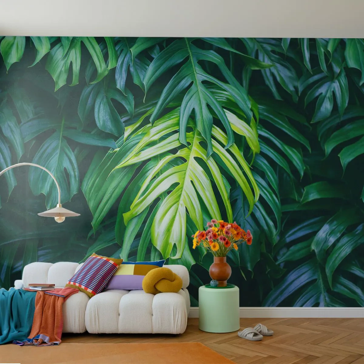 Självhäftande Fototapet Deluxe Sticker - Doppa sig i fräschheten - Tropisk växt, Monstera löv, Natur - 250x175 cm