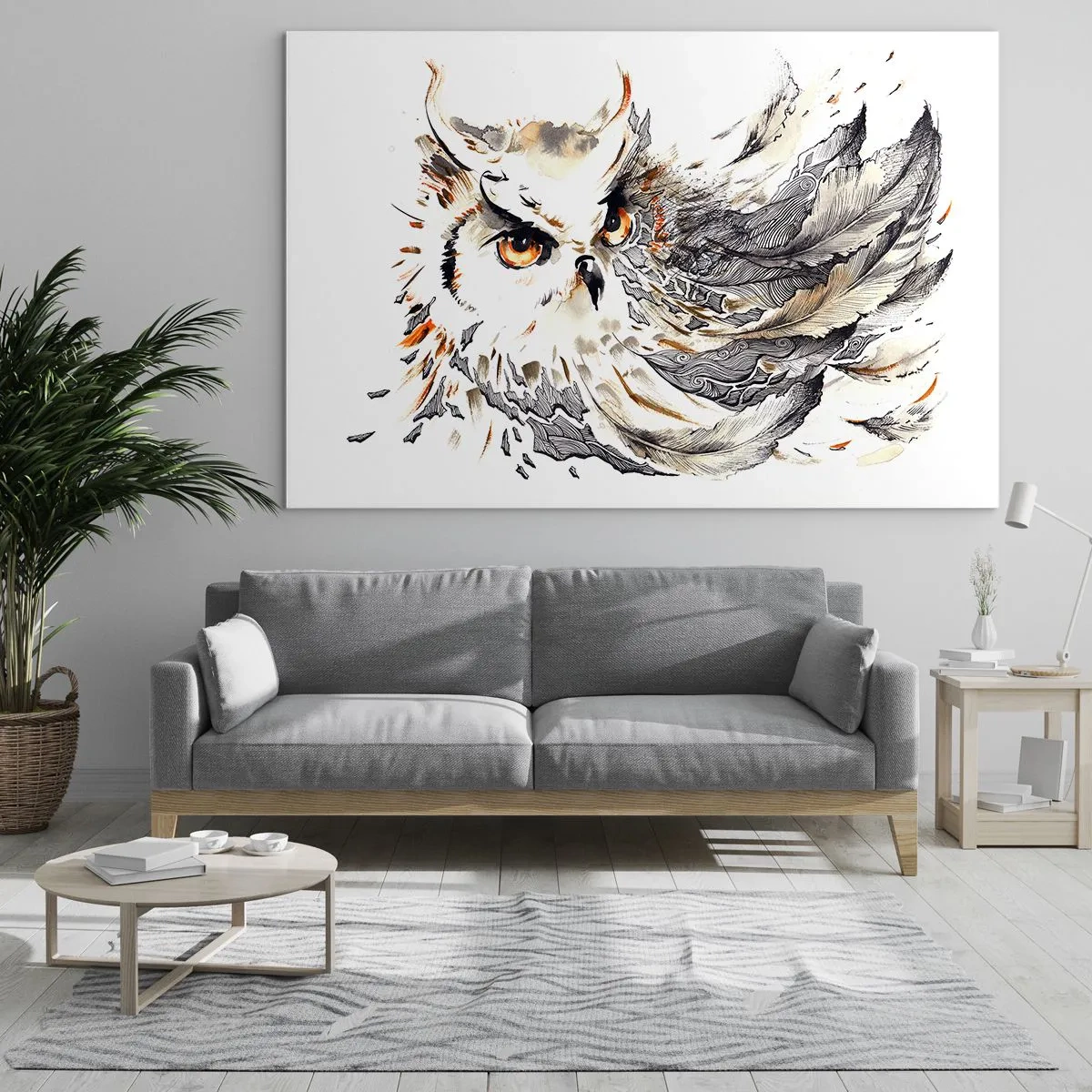 Glastavla - Bild på glas - En uggla med konstnärliga fjädrar i nyanser av orange och grått. - 70x50cm - Kom från trollkonstens värld - Modern väggdekoration för vardagsrum och sovrum ARTTOR