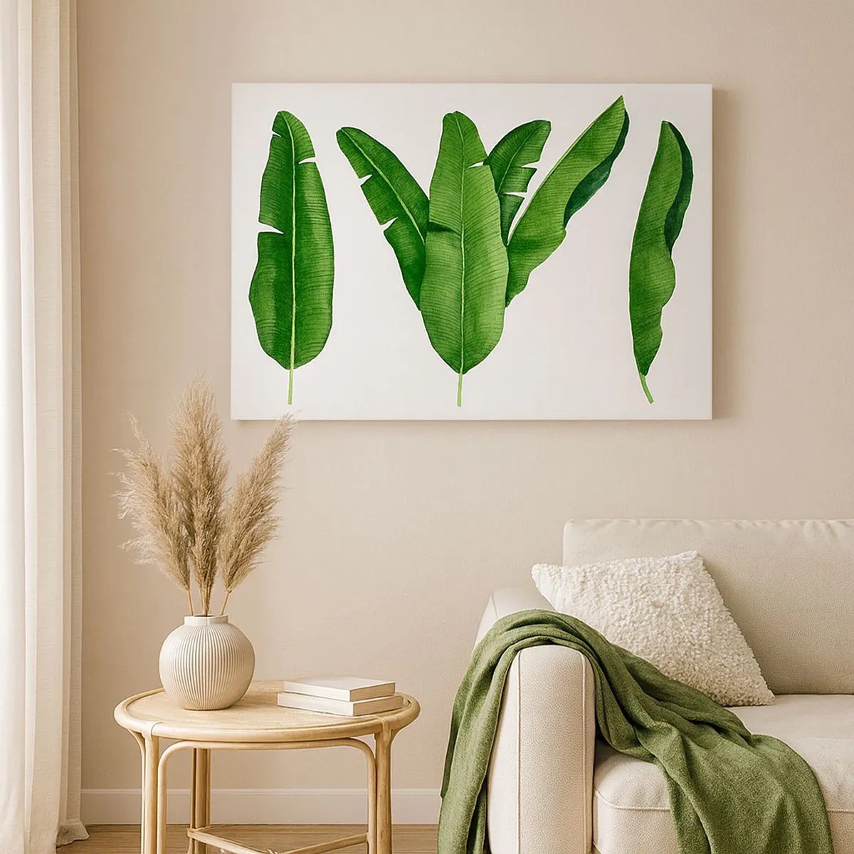 Canvastavla - Bild på duk - Tre bananblad i ett konstnärligt tillvägagångssätt - 70x50cm - Grön symmetri - Modern väggdekoration för vardagsrum och sovrum ARTTOR