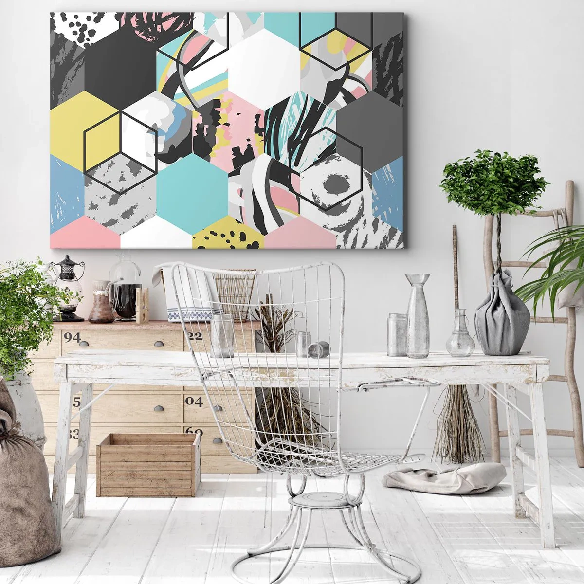 Canvastavla - Bild på duk - Geometriskt hexagonmönster med färgglada abstrakta detaljer - 70x50cm - Sexkanter och kuber i sex färger - Modern väggdekoration för vardagsrum och sovrum ARTTOR