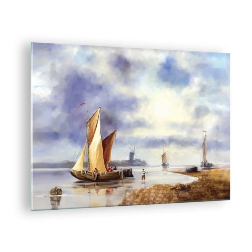 Glastavla - Bild på glas - Segelbåtar på en lugn sjö med väderkvarnar i bakgrunden - 70x50cm - Seglarnas hemkomst - Modern väggdekoration för vardagsrum och sovrum ARTTOR