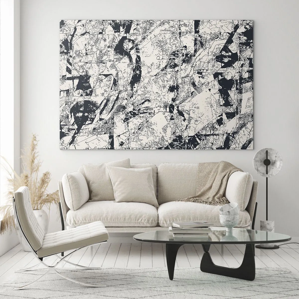 Glastavla - Bild på glas - Svartvit abstraktion med dynamiska linjer och texturer - 70x50cm - Motsatsernas interpenetration - Modern väggdekoration för vardagsrum och sovrum ARTTOR