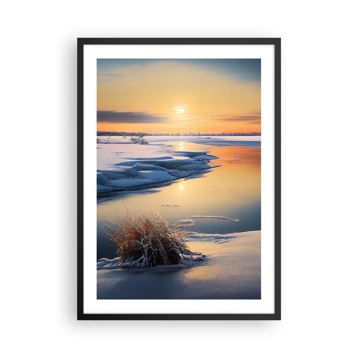 Affisch i svart ram - Vinterlandskap med en flod vid solnedgången - 50x70cm - Vintersolnedgång - Modern väggdekoration för vardagsrum och sovrum ARTTOR