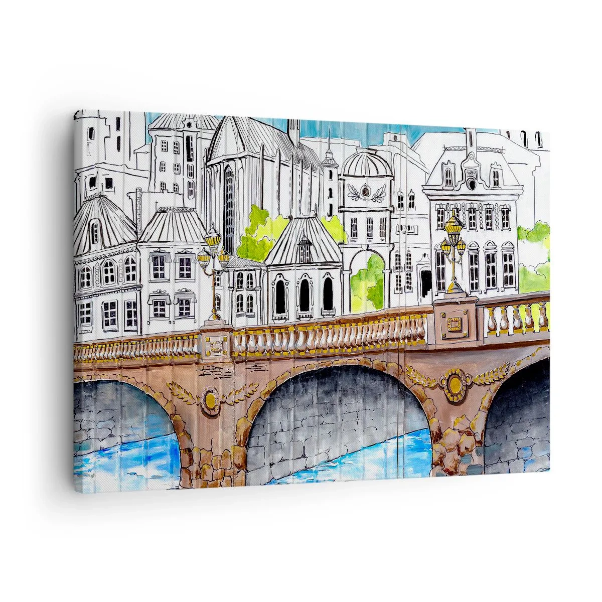 Canvastavla - Bild på duk - Ritning av bron och historisk stadsarkitektur - 70x50cm - Stad som målad - Modern väggdekoration för vardagsrum och sovrum ARTTOR