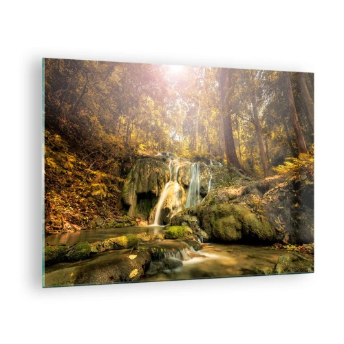 Glastavla - Bild på glas - Skogskaskad i grönskan - 70x50cm - Skogkaskad i grönt - Modern väggdekoration för vardagsrum och sovrum ARTTOR
