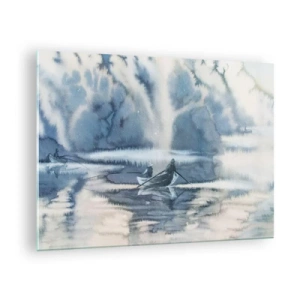 Glastavla - Bild på glas - Två fiskare på en båt omgiven av ett dimmigt landskap - 70x50cm - Sportfiskare i sitt paradis - Modern väggdekoration för vardagsrum och sovrum ARTTOR