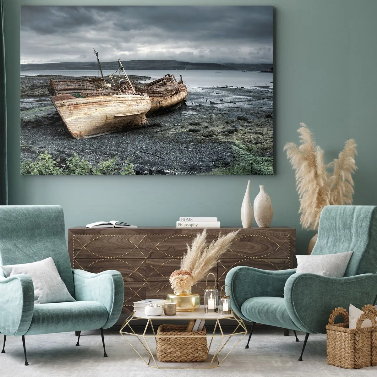 Canvastavla - Bild på duk - Övergivna båtar på stranden i en regnig scen - 70x50cm - "Bemött svårigheterna med värdighet" - Modern väggdekoration för vardagsrum och sovrum ARTTOR