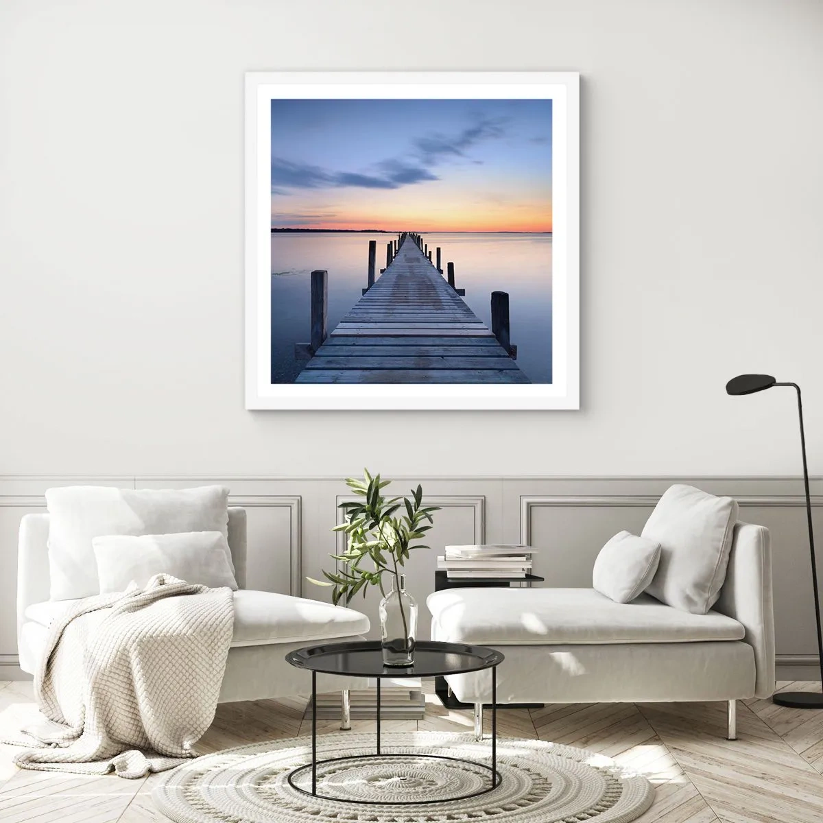 Affisch i vit ram - Klara solnedgångens ro - 60x60 cm