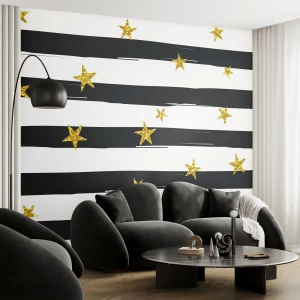 Självhäftande Fototapet Deluxe Sticker - Alla är vi födda under lycklig stjärna - Grafik, Guldstjärna, Svarta och vita ränder - 450x315 cm