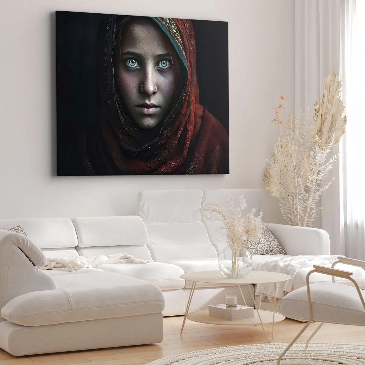 Canvastavla - Bild på duk - Porträtt av en kvinna med intensiv blick i varma färger - 70x50cm - Östlig prinsessa - Modern väggdekoration för vardagsrum och sovrum ARTTOR