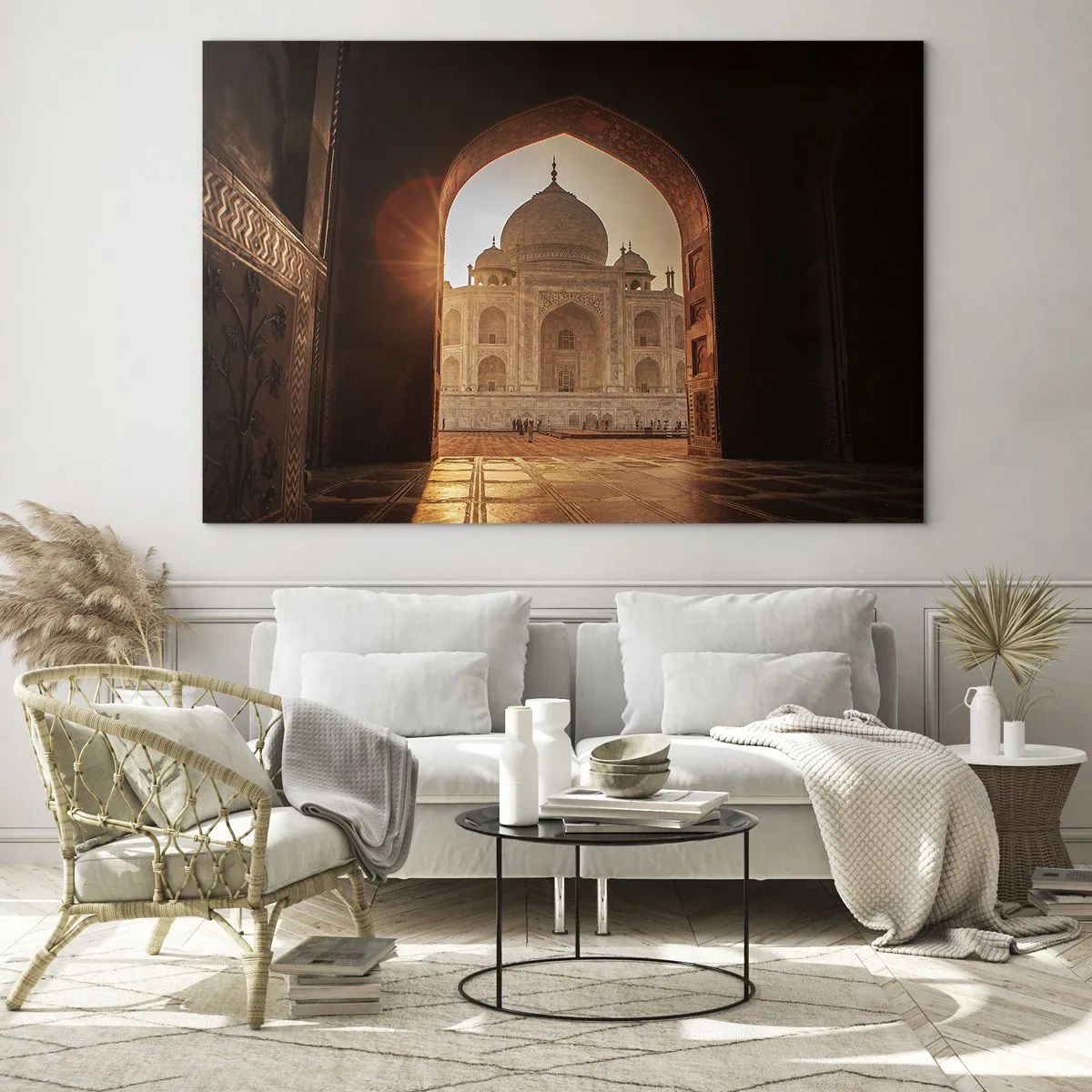 Glastavla - Bild på glas - Solnedgång över en monumental byggnad sedd genom en båge - 70x50cm - Ett monument över överjordisk kärlek - Modern väggdekoration för vardagsrum och sovrum ARTTOR