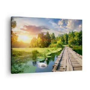 Canvastavla - Bild på duk - Ett pittoreskt landskap med en bro och en svan - 70x50cm - Sommar, sommar överallt - Modern väggdekoration för vardagsrum och sovrum ARTTOR