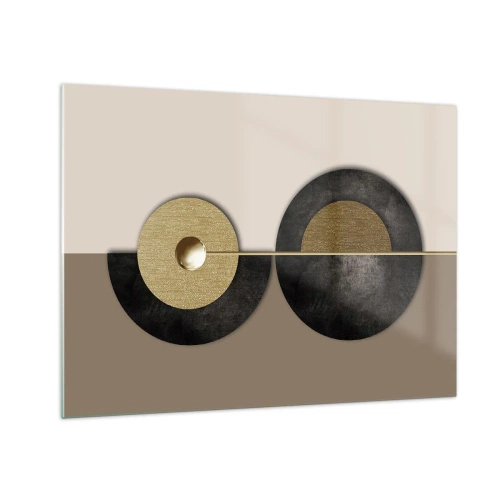 Glastavla - Bild på glas - Geometriska cirklar i guld och svart på en beige bakgrund - 70x50cm - Variationer runt en cirkel - Modern väggdekoration för vardagsrum och sovrum ARTTOR