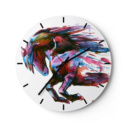 Väggklocka - Klocka på glas - En dynamisk häst i akvarellfärger med en böljande man - 30x30cm - I extas - Modern väggdekoration för vardagsrum, kök och sovrum ARTTOR