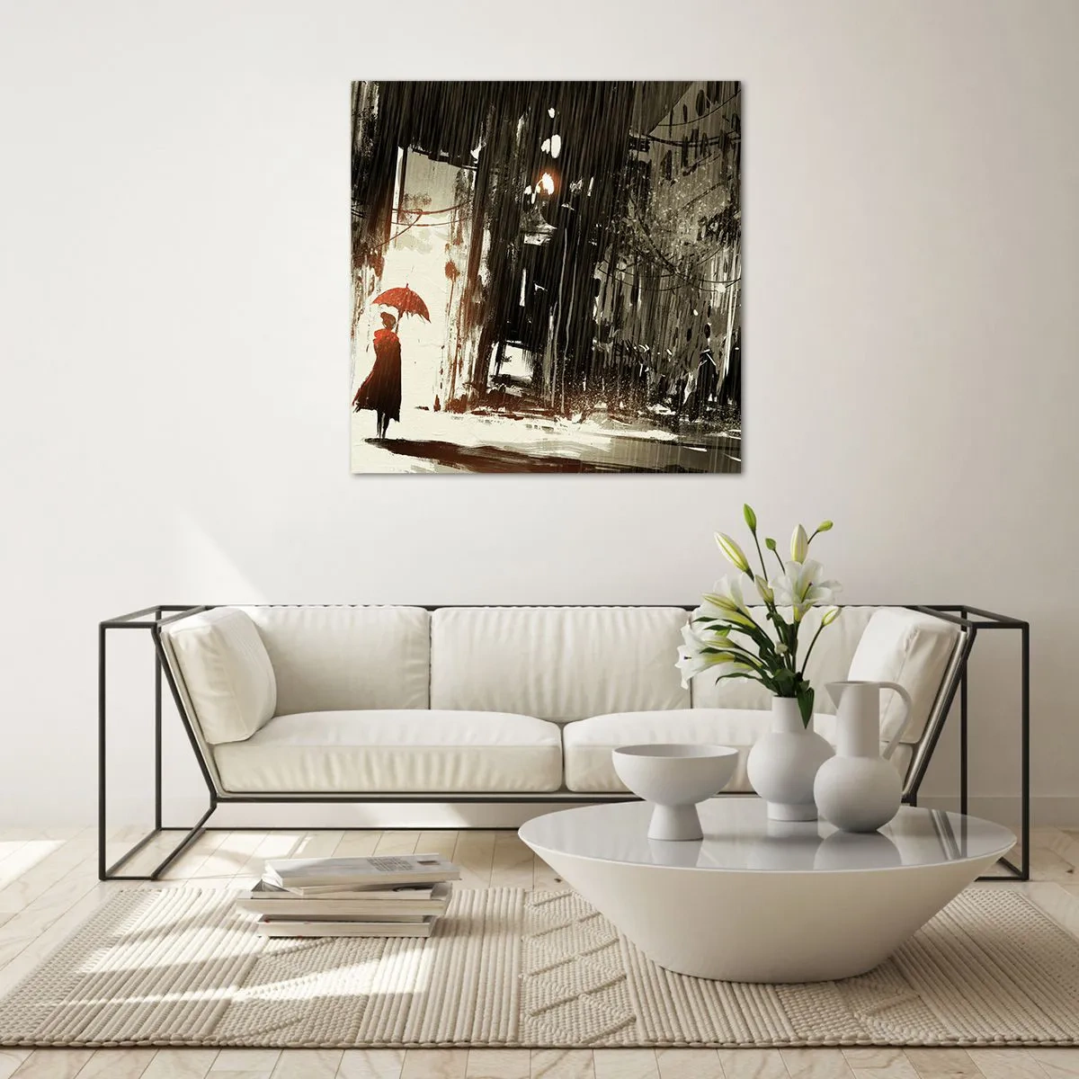 Glastavla - Bild på glas - Röda paraplyets poesi - 60x60 cm