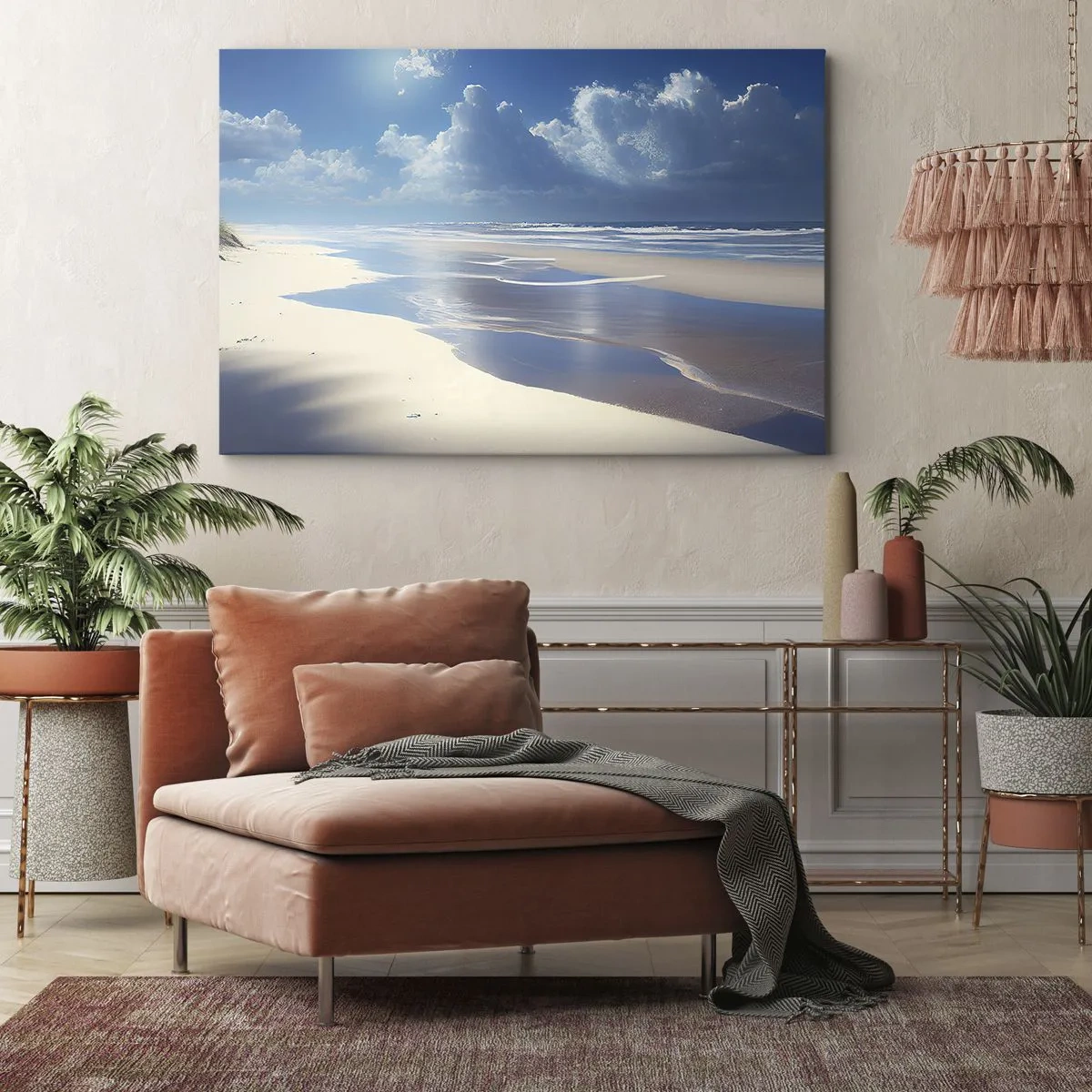 Canvastavla - Bild på duk - En sandstrand med vågor under en blå himmel - 70x50cm - Semester i paradiset - Modern väggdekoration för vardagsrum och sovrum ARTTOR