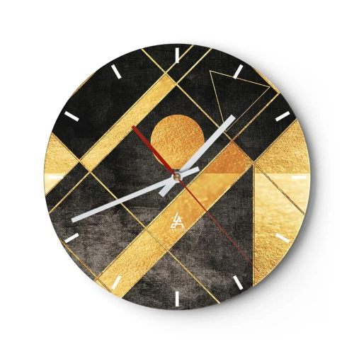 Väggklocka - Klocka på glas - Gyllene geometriska former på svart bakgrund med solmotiv - 30x30cm - Öknens sol - Modern väggdekoration för vardagsrum, kök och sovrum ARTTOR