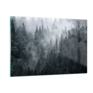 Glastavla - Bild på glas - Gryning i skogen - 120x80 cm