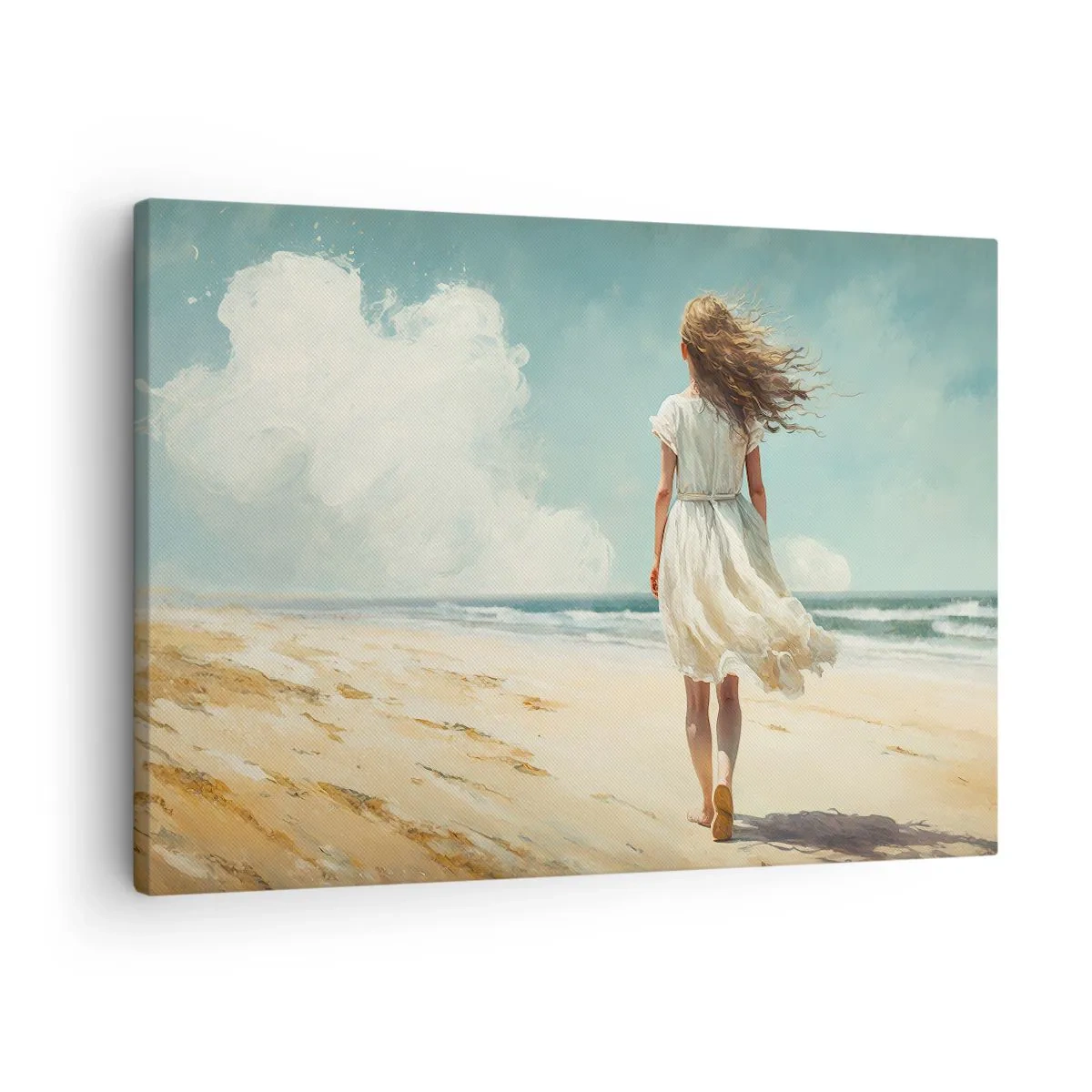 Canvastavla - Bild på duk - En kvinna i vit klänning som går på stranden på en solig dag - 70x50cm - Att möta solen och vinden - Modern väggdekoration för vardagsrum och sovrum ARTTOR