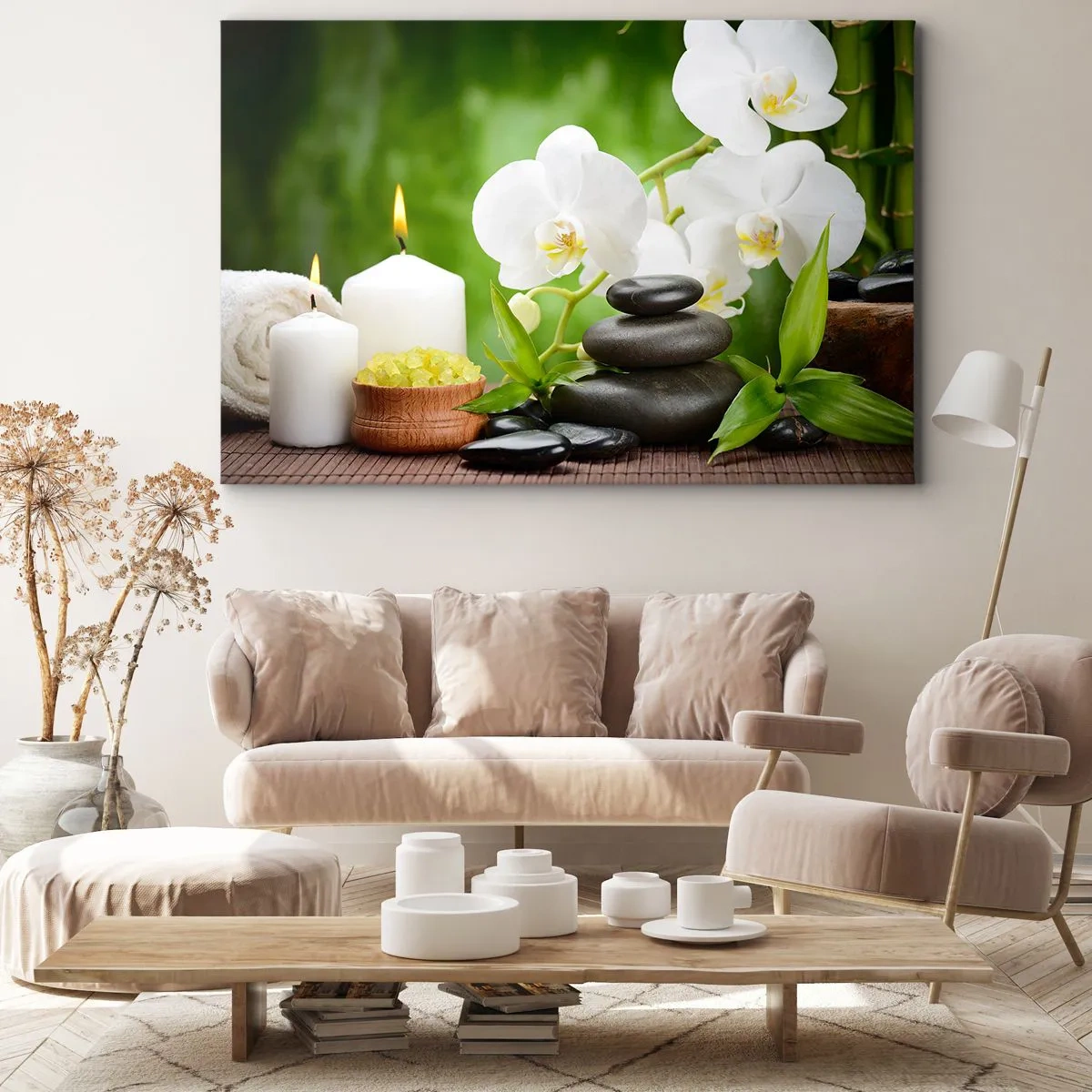 Canvastavla - Bild på duk - Orkidéer, ljus och stenar omgivna av naturen - 70x50cm - Doftande, blommig och lätt beröring - Modern väggdekoration för vardagsrum och sovrum ARTTOR