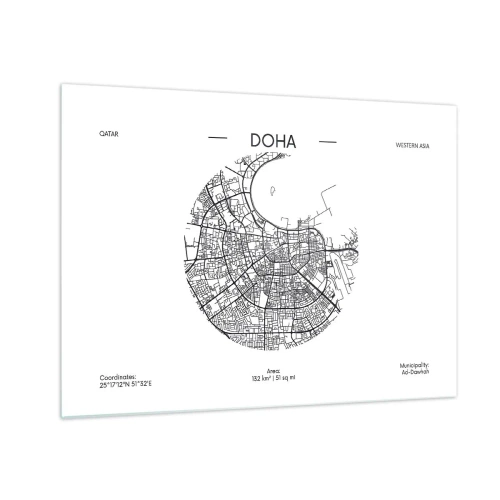 Glastavla - Bild på glas - En grafisk karta över Doha i svartvit minimalistisk stil. - 70x50cm - Dohas anatomi - Modern väggdekoration för vardagsrum och sovrum ARTTOR