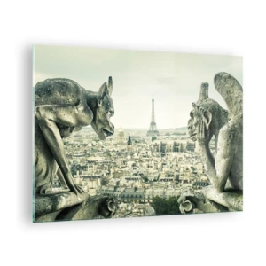 Glastavla - Bild på glas - Gargoyler över Paris med utsikt över Eiffeltornet - 70x50cm - Ett samtal i Paris - Modern väggdekoration för vardagsrum och sovrum ARTTOR