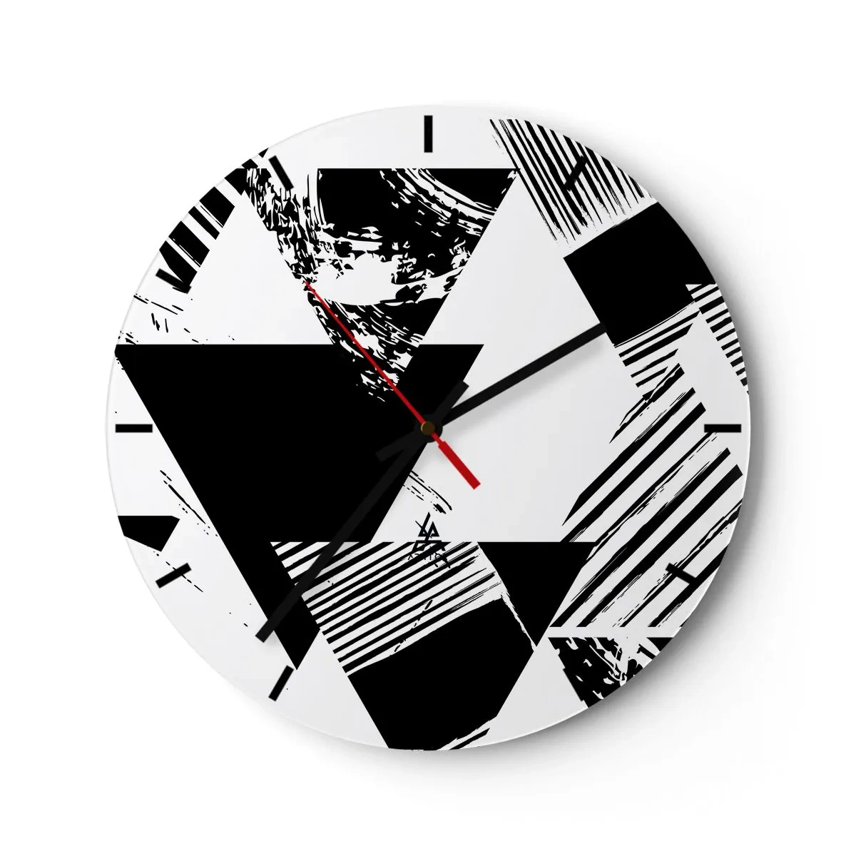 Väggklocka - Klocka på glas - Svartvit geometrisk komposition med trianglar - 30x30cm - Det regnar trianglar - Modern väggdekoration för vardagsrum, kök och sovrum ARTTOR