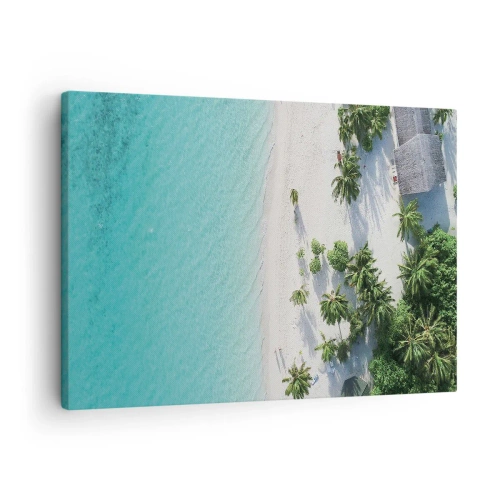 Canvastavla - Bild på duk - Fågelperspektiv över en tropisk strand med turkost vatten och palmer - 70x50cm - Semester i paradiset - Modern väggdekoration för vardagsrum och sovrum ARTTOR