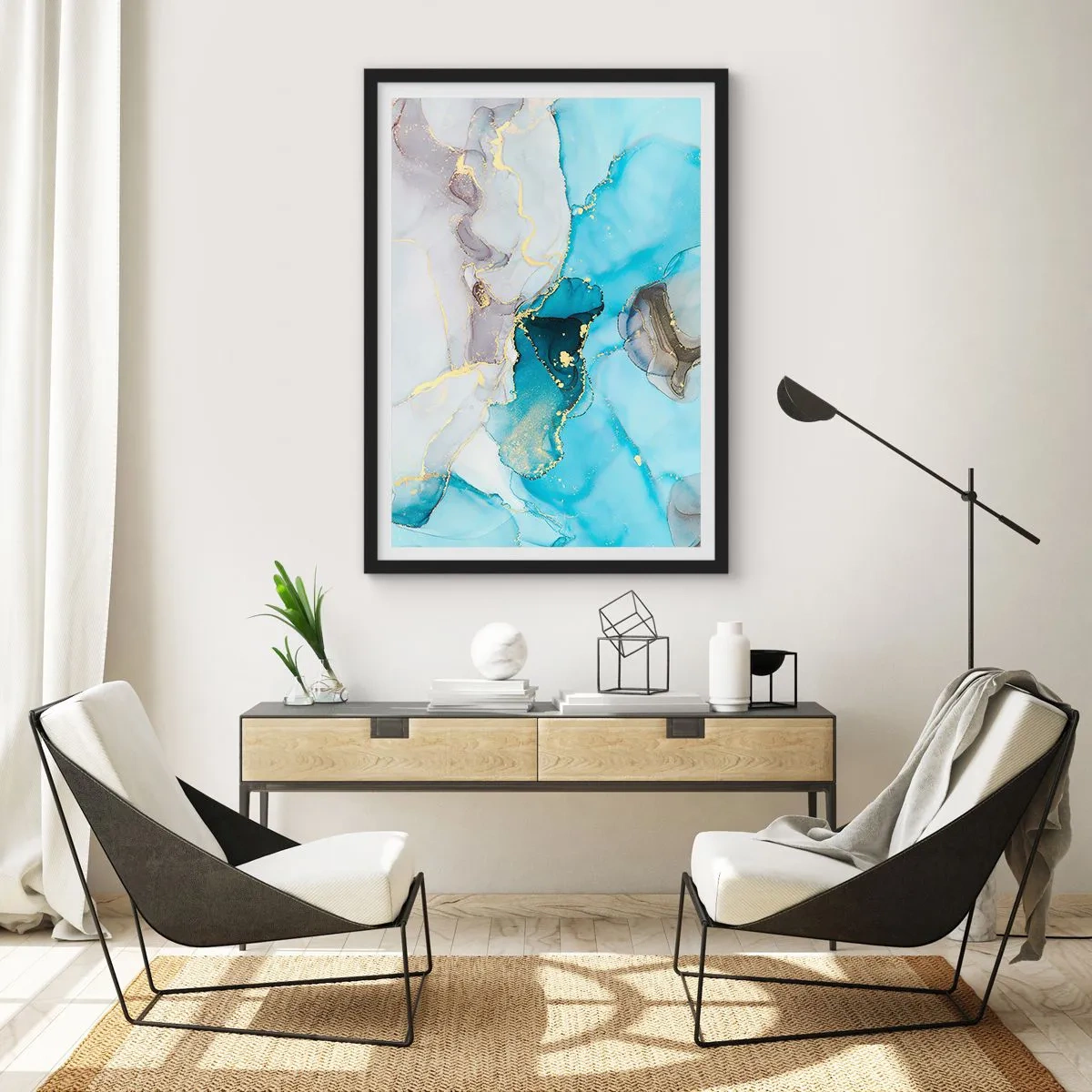 Affisch i svart ram - Studie över mötet mellan grå och turkos - 70x100 cm