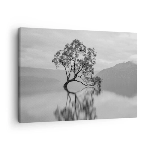 Canvastavla - Bild på duk - Ett ensamt träd som speglas i vattnet med berg i bakgrunden - 70x50cm - Det finns ett land - Modern väggdekoration för vardagsrum och sovrum ARTTOR