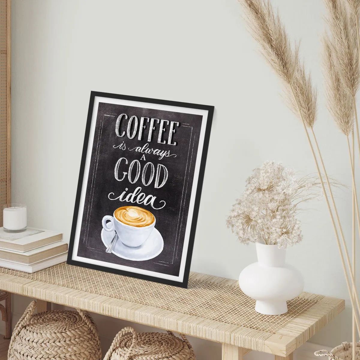 Affisch i svart ram - Kaffeposter med griffeltavleliknande bokstäver - 50x70cm - Of course! - Modern väggdekoration för vardagsrum och sovrum ARTTOR