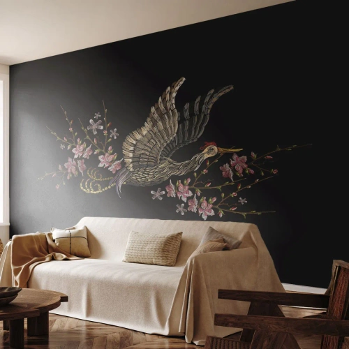 Fototapet på mått Premium Sand - Exotisk, broderad fågel - Fågel, Grafik, Blommor