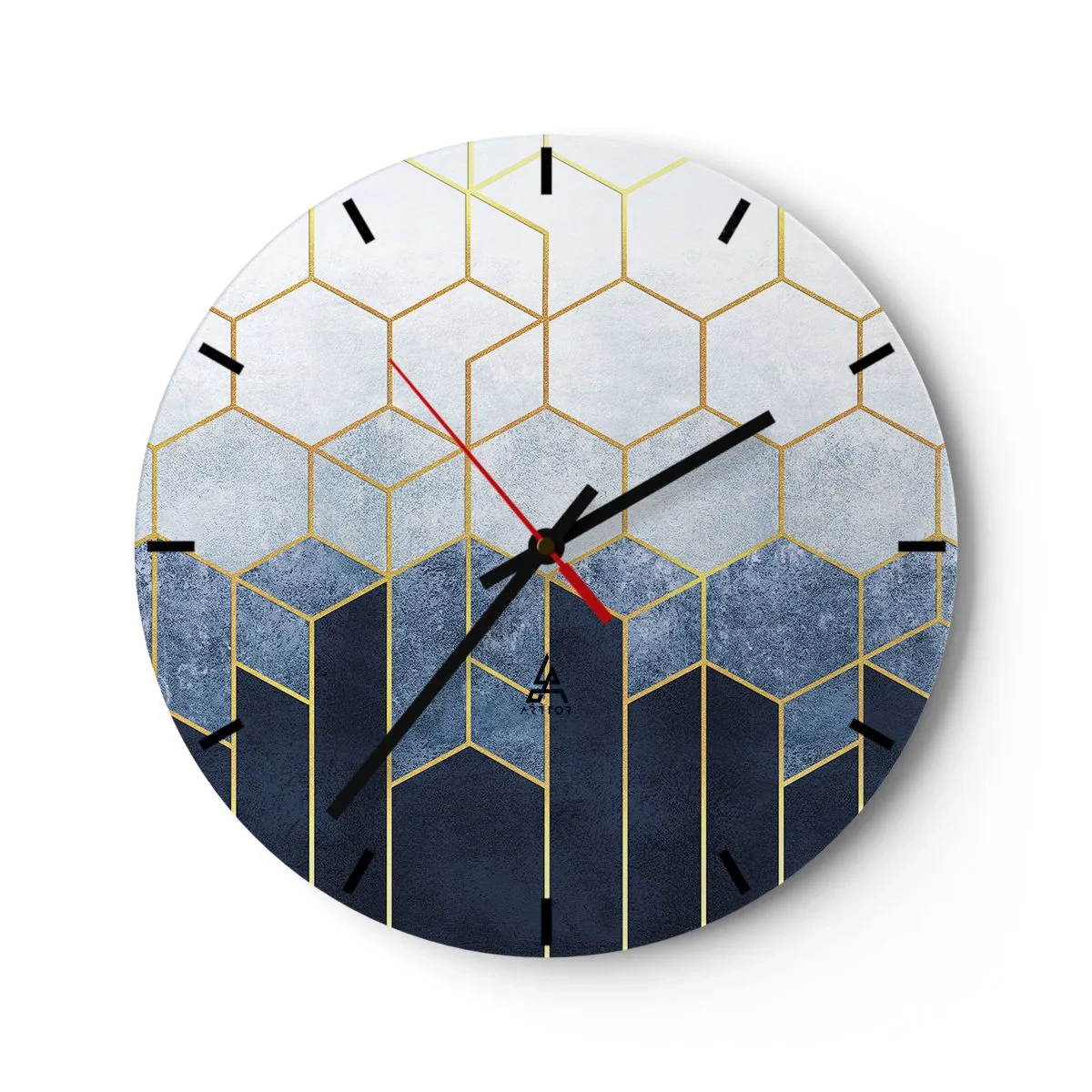Väggklocka - Klocka på glas - Geometriskt kubmönster i nyanser av blått och guld - 30x30cm - Komposition i synkoprytm - Modern väggdekoration för vardagsrum, kök och sovrum ARTTOR