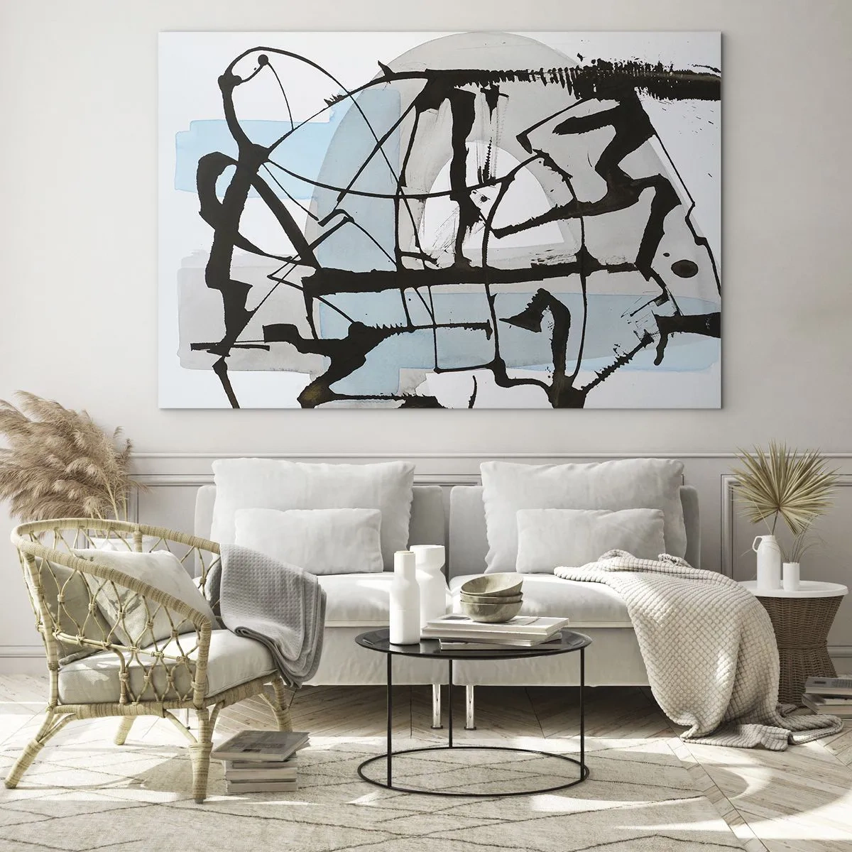 Glastavla - Bild på glas - Abstrakt komposition med en svart skiss och blå fläckar - 70x50cm - Blått trots allt - Modern väggdekoration för vardagsrum och sovrum ARTTOR