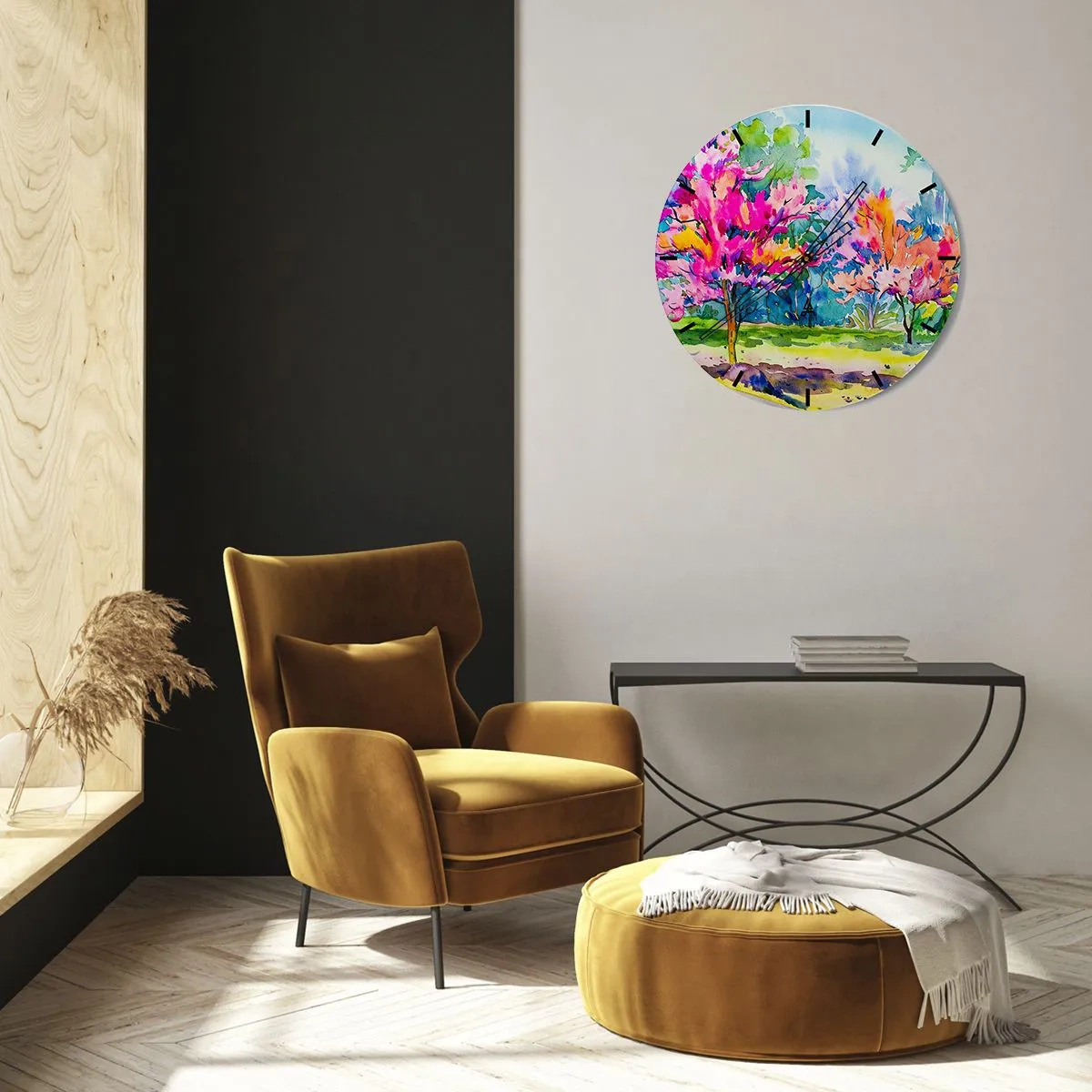 Väggklocka - Klocka på glas - Akvarelllandskap med färgglada träd - 30x30cm - Regnbågsträdgård i vårskenet - Modern väggdekoration för vardagsrum, kök och sovrum ARTTOR