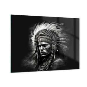 Glastavla - Bild på glas - Svartvitt porträtt av en krigare med befjädrad huvudbonad - 70x50cm - Hövding och krigare - Modern väggdekoration för vardagsrum och sovrum ARTTOR