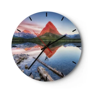 Väggklocka - Klocka på glas - Berglandskap med reflektion i sjön - 30x30cm - Glöd och kyla - Modern väggdekoration för vardagsrum, kök och sovrum ARTTOR