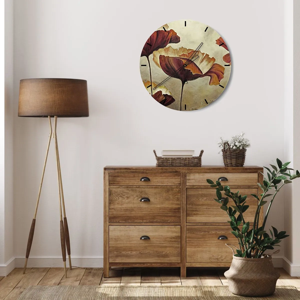 Väggklocka - Klocka på glas - Konstnärligt blommotiv i varma bruna och beige toner - 30x30cm - Ängsblommor - Modern väggdekoration för vardagsrum, kök och sovrum ARTTOR